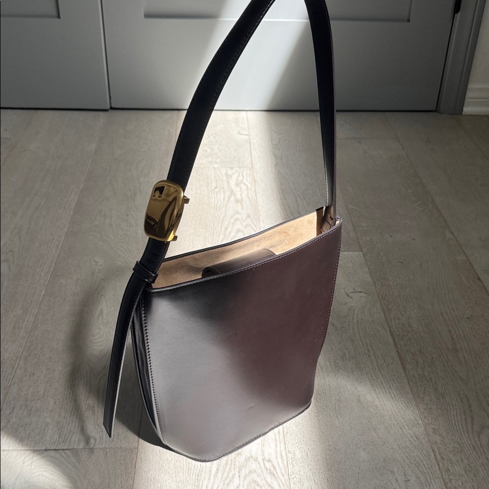 Zara Dark Brown Leather Shoulder Bag with Gold Hardware